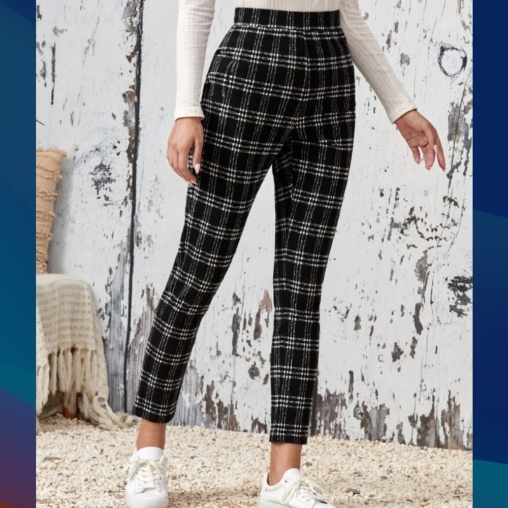 Shein (Size L-Tall) Black & White Plaid High Waist Stretch Pull-on Waist Pants